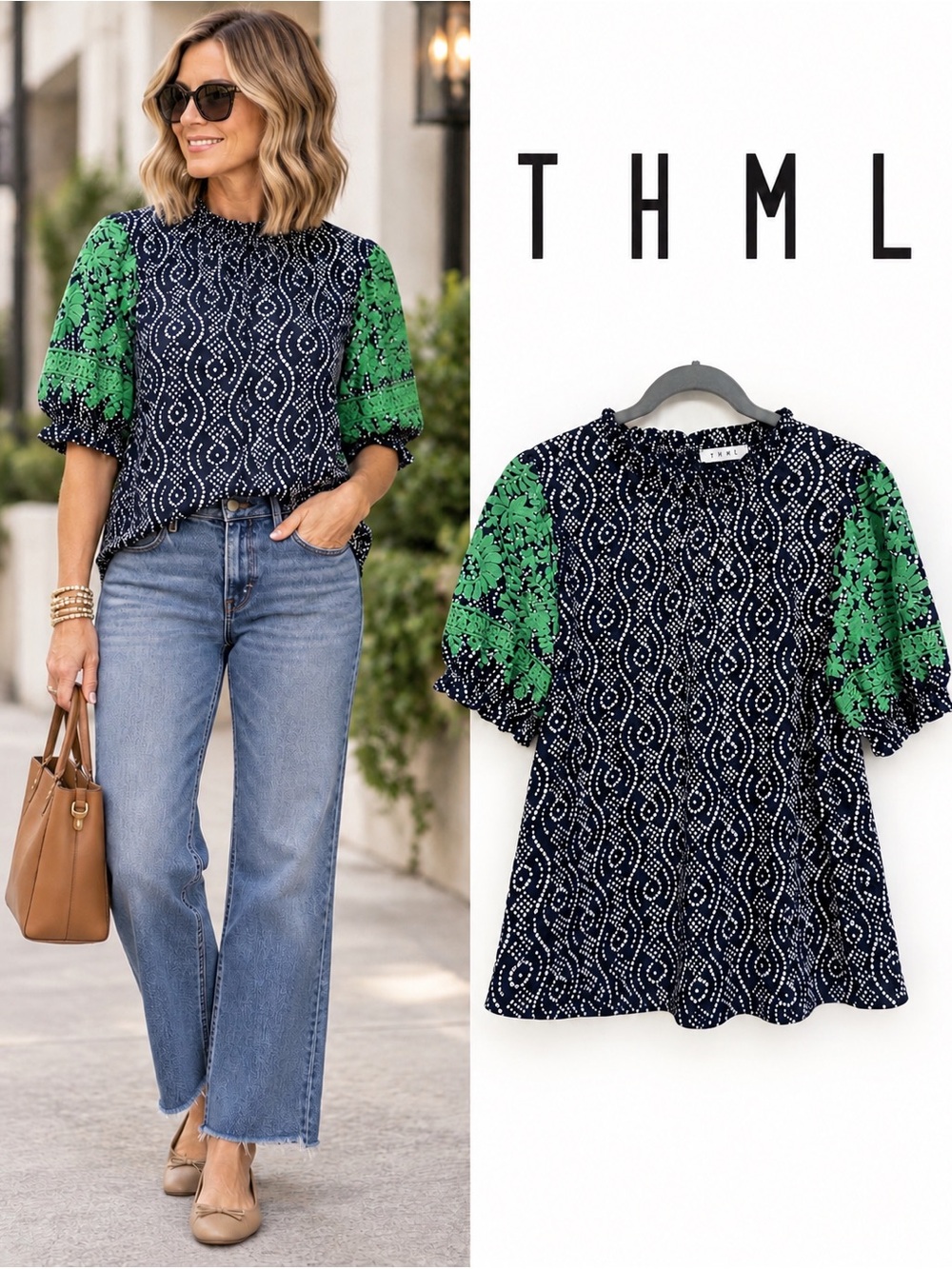 THML Navy Blue & Green Embroidered Sleeve Blouse